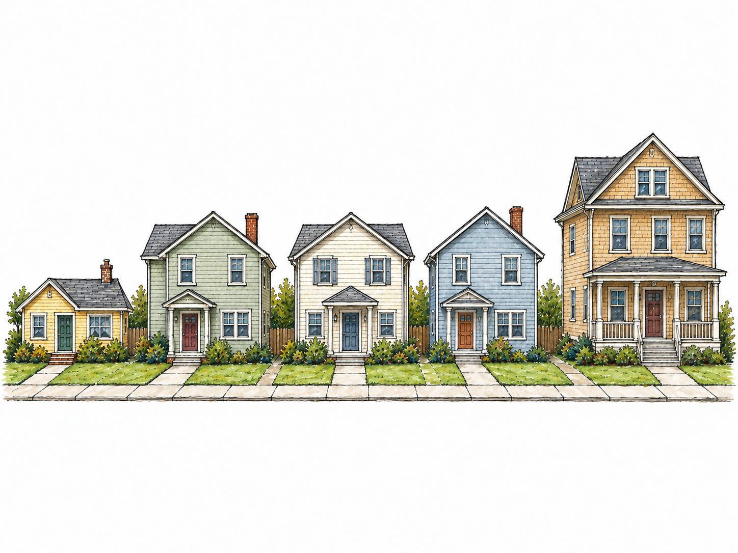 An ordinary modest house within a neighborhood where most homes share its scale and unexceptional appearance; a tiny cottage and a much larger house provide restrained contrasts.