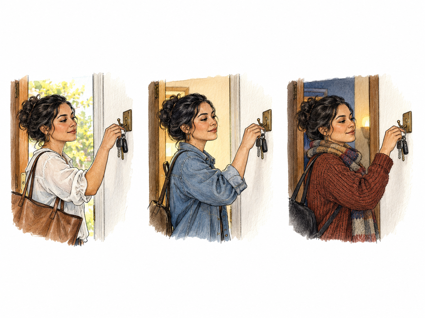 Same woman automatically hangs keys on same hook on entering home, three compact repeated moments with changing sleeves/daylight.