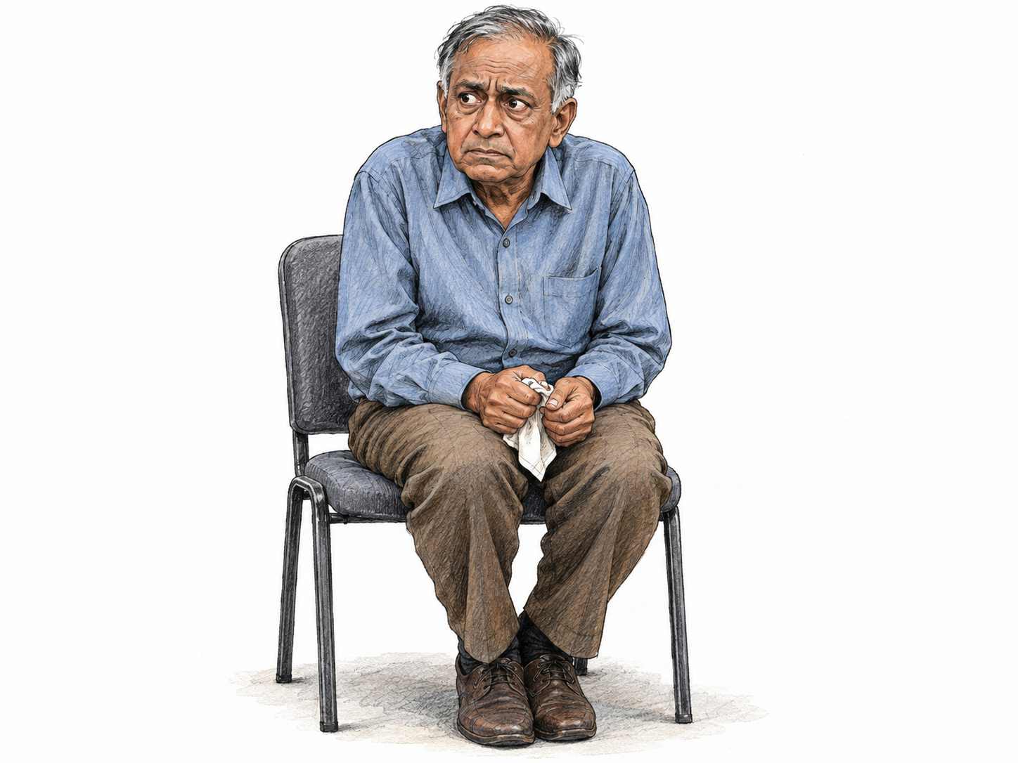 An older man waits tensely on the edge of a chair, shoulders raised, brow pinched, lips pressed, and fingers anxiously twisting a plain handkerchief.