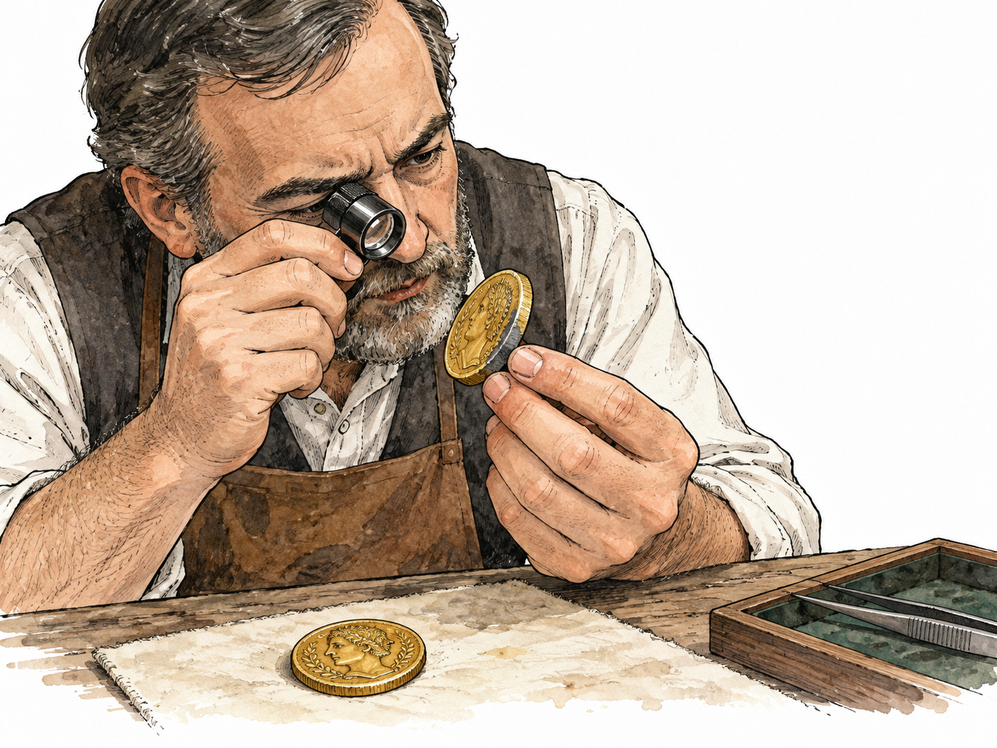 A jeweler inspects a fake gold-colored coin whose rubbed edge reveals gray base metal beside a genuine gold coin.