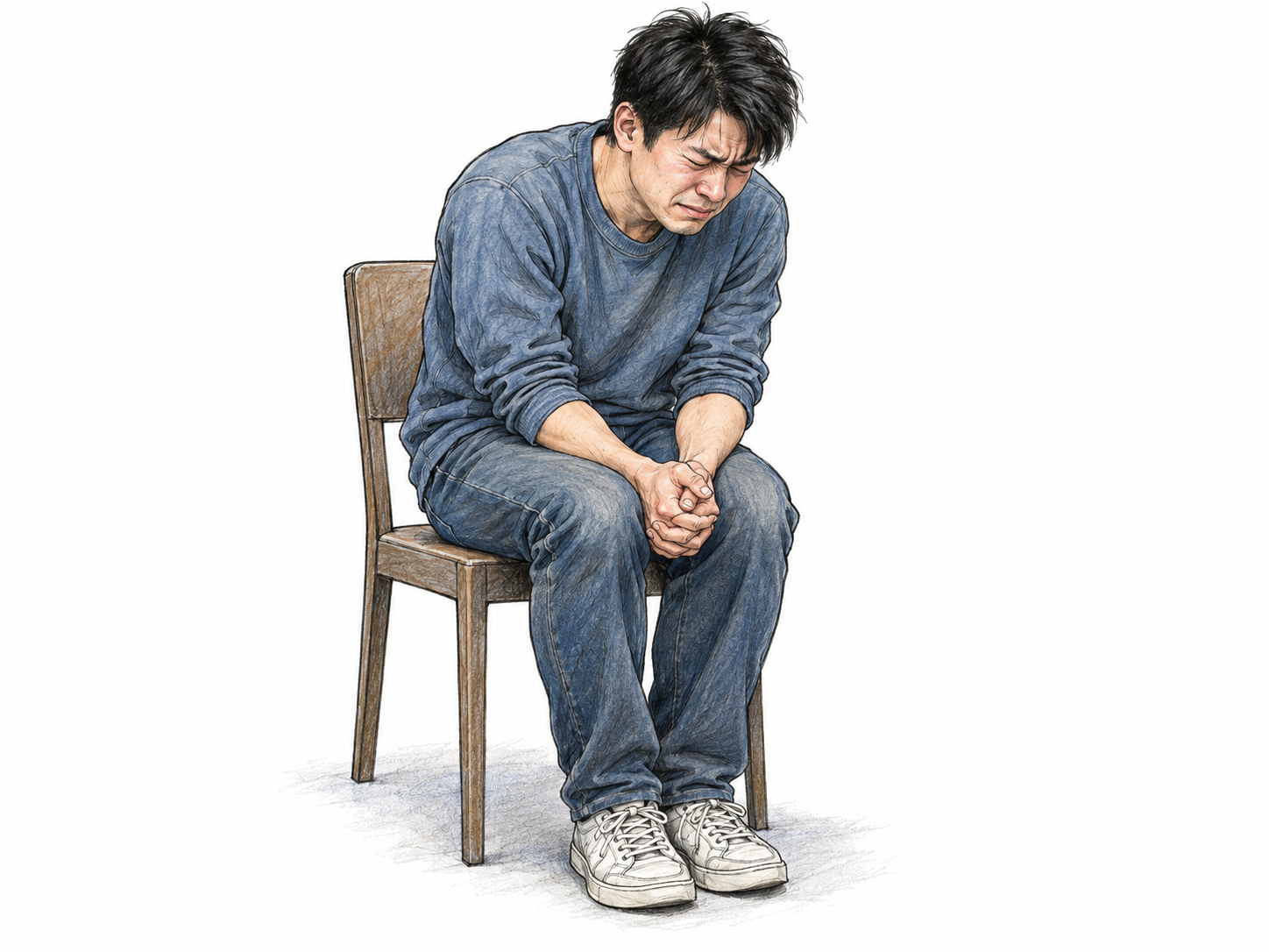 A young man sits hunched on the edge of a plain chair, visibly distressed: brows drawn upward and inward, eyes squeezed shut, jaw tense, and both hands tightly interlocked between his knees.