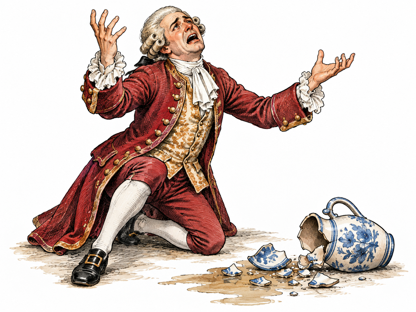 An English stage actor in eighteenth-century clothing throws up both hands and cries out sorrowfully over a broken favorite jug.