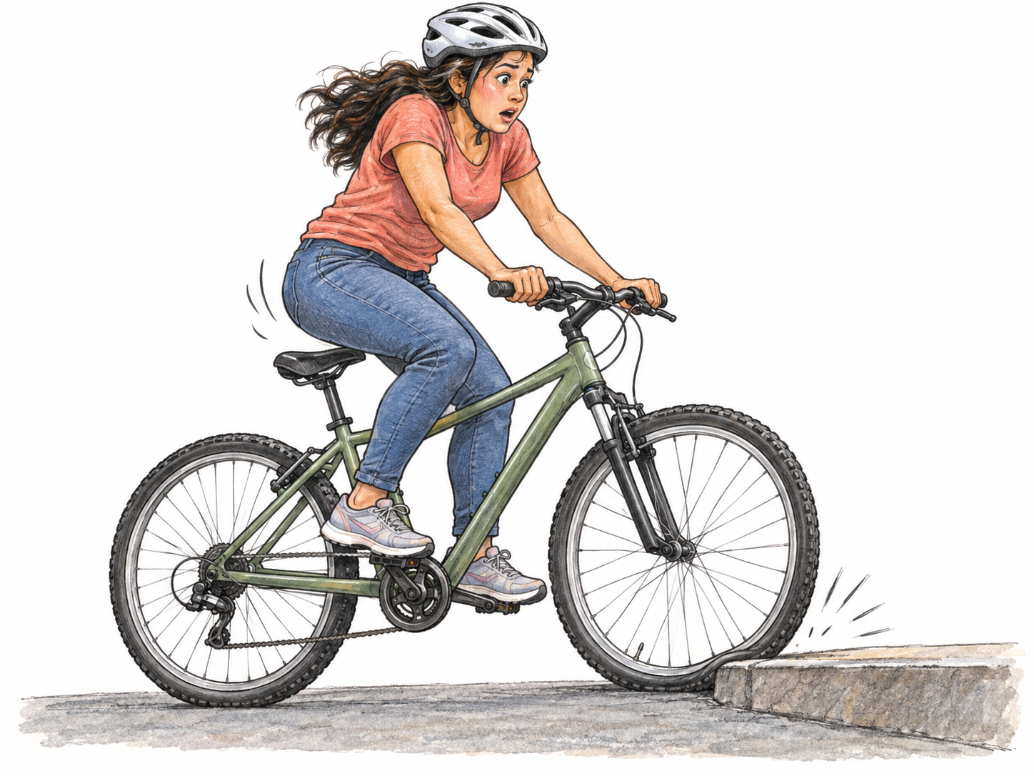 A bicycle hitting a raised pavement edge abruptly jolts its rider upward: the front tire compresses against the edge, her body lifts off the saddle, and her startled expression registers the sudden shake.