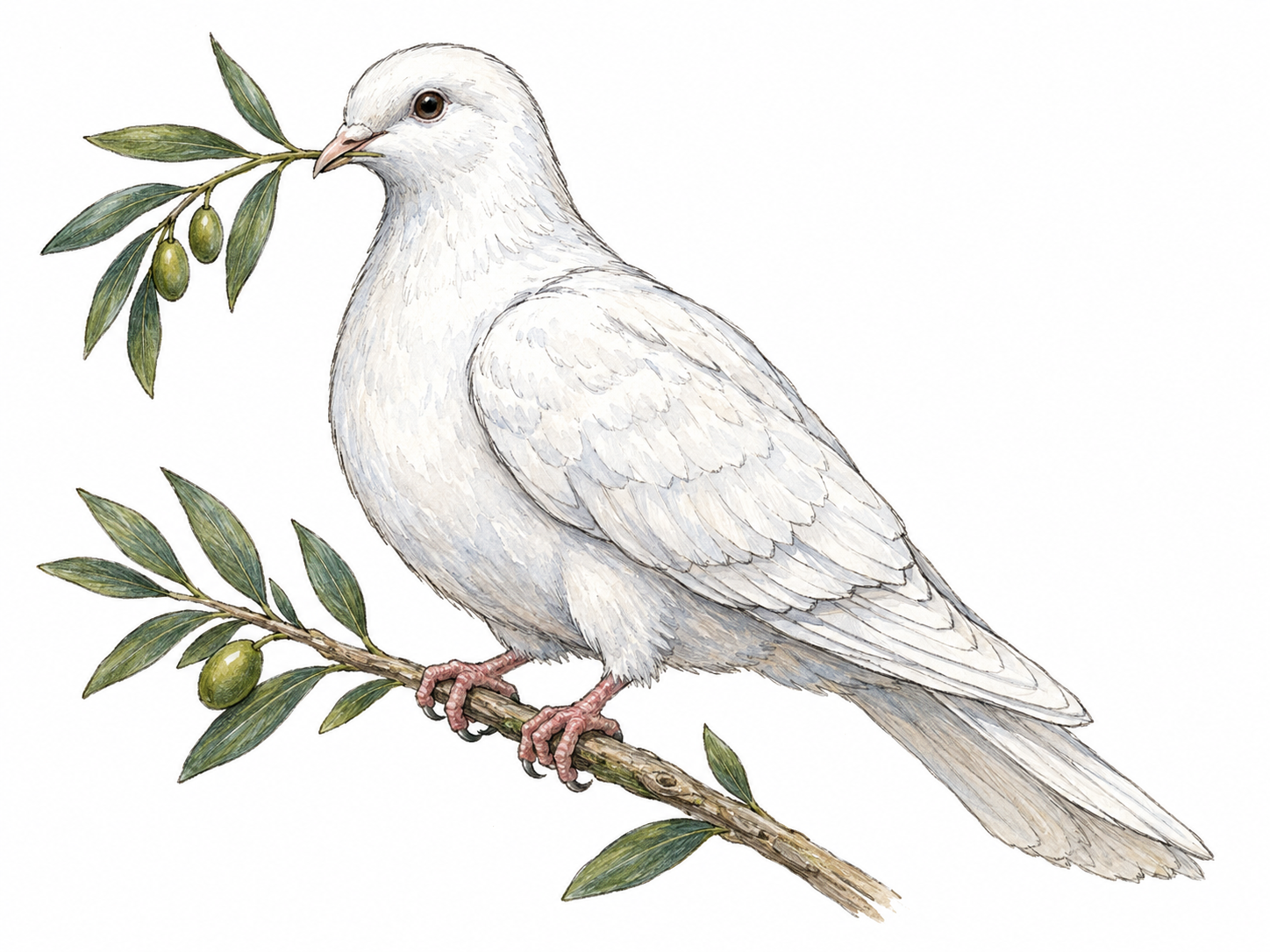 A single white dove perched calmly on a small olive branch, with a slender olive sprig held in its beak.