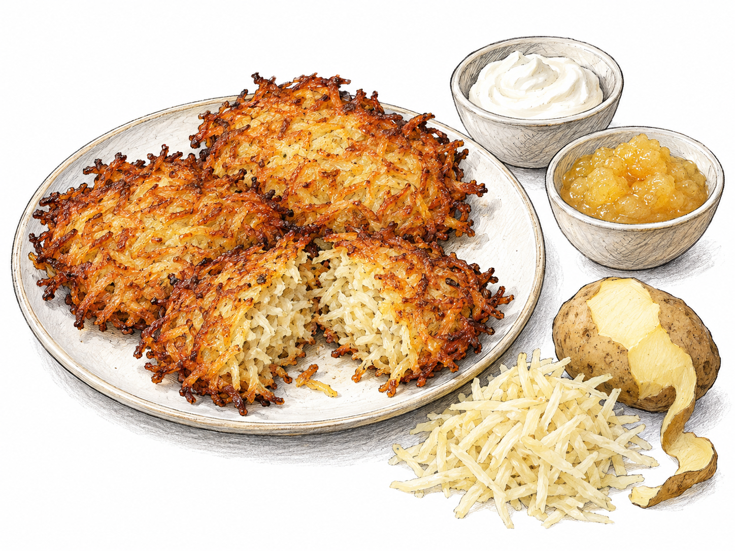 A close view of crisp golden latkes with visibly shredded potato interiors, served with sour cream and applesauce; a potato and a small mound of grated potato clarify the principal ingredient.
