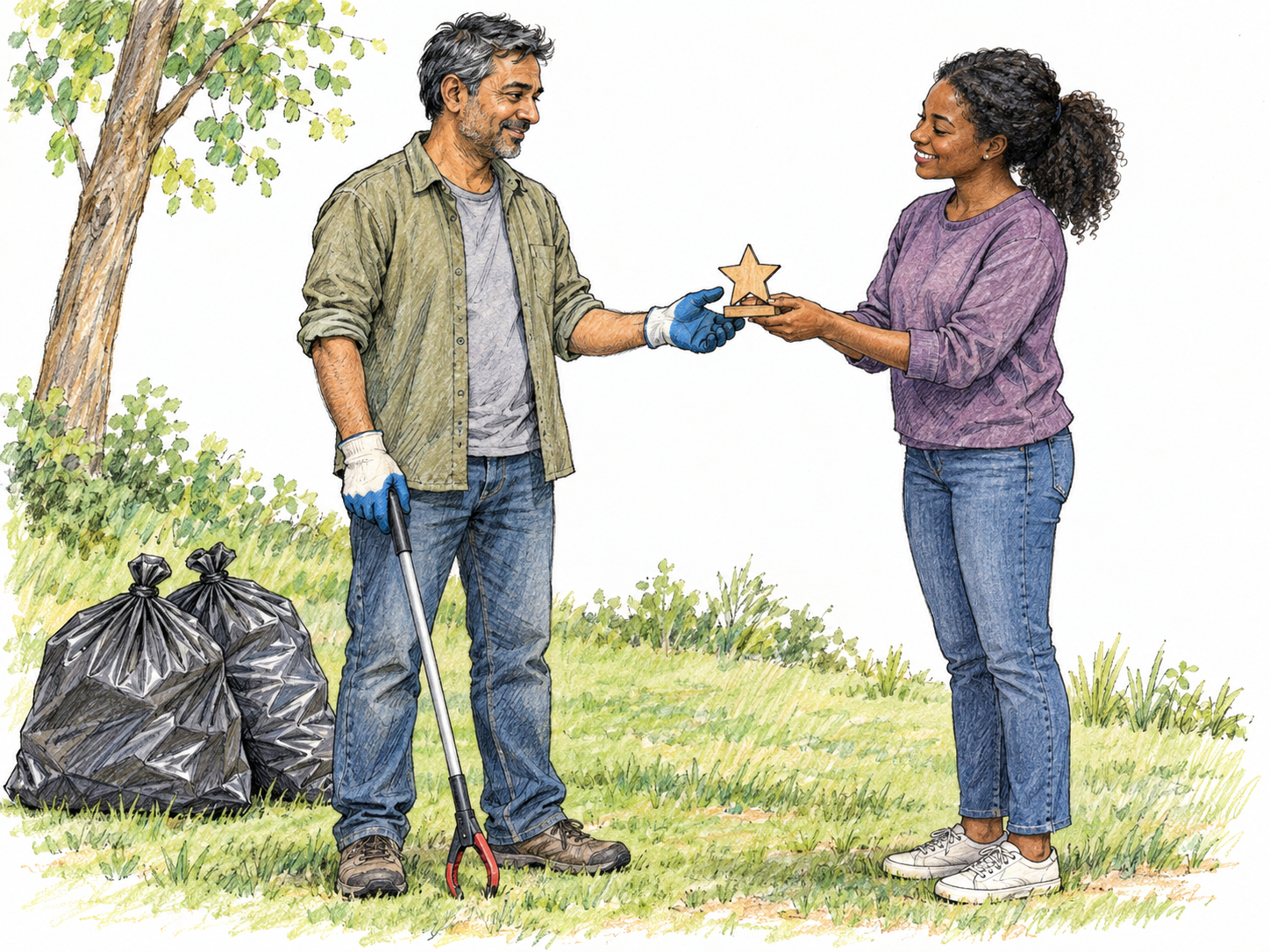 A volunteer who has just cleared litter from a small park receives a modest award from an appreciative organizer.