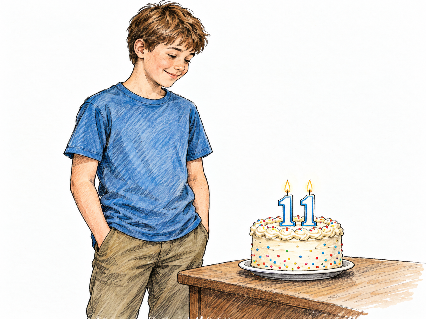 An eleven-year-old child beside a small birthday cake with numeral candles reading 11.