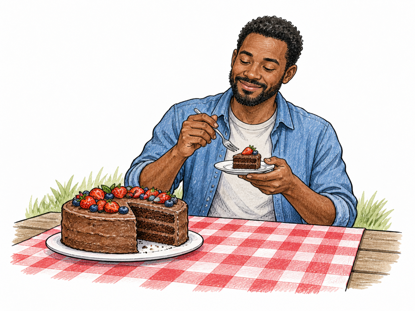 An adult Black man at a picnic deliberately chooses a modest serving of cake on a small plate and leaves the larger cake untouched, relaxed satisfied expression.