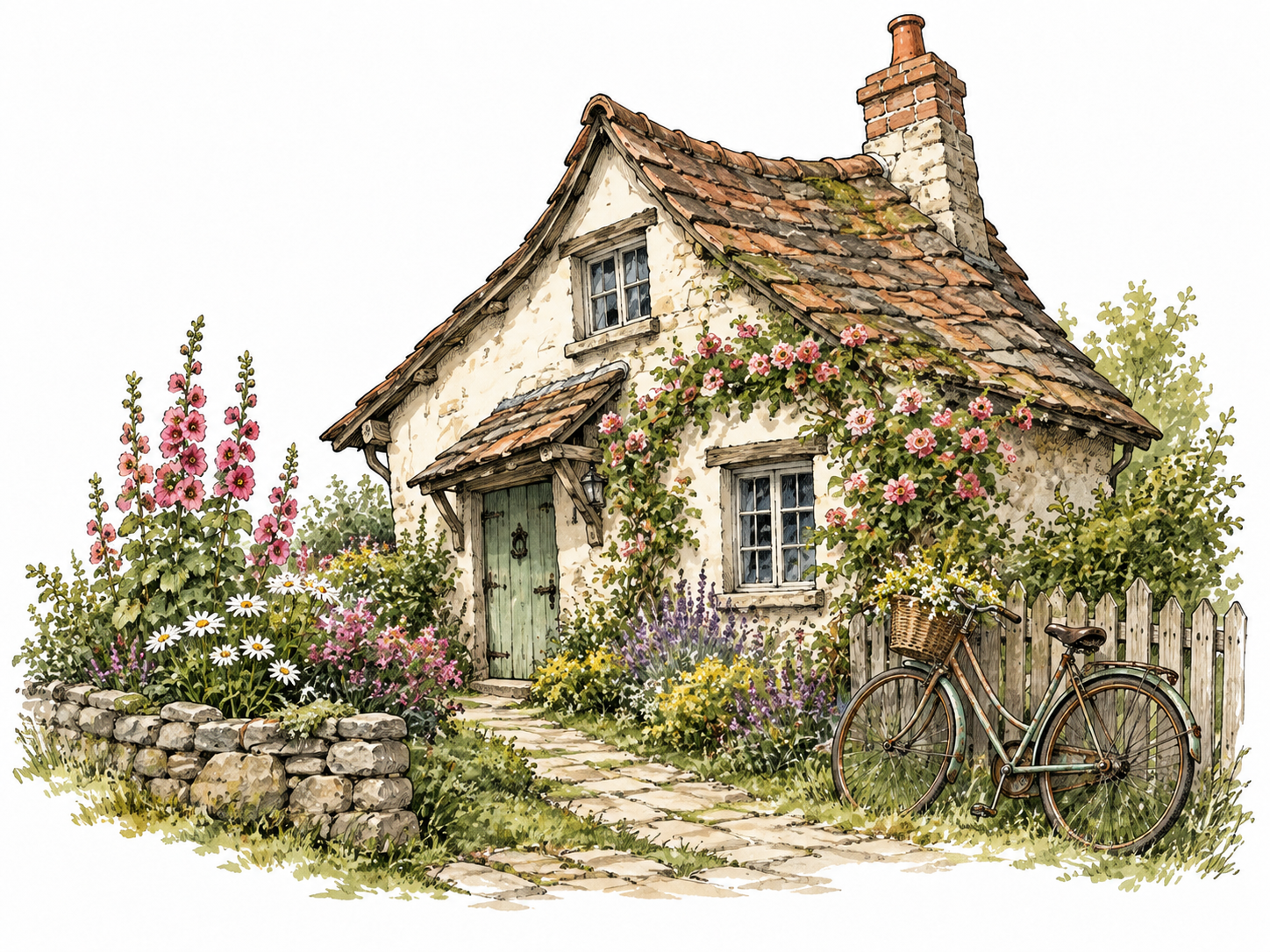 Small charming crooked cottage with flowering garden and old bicycle.