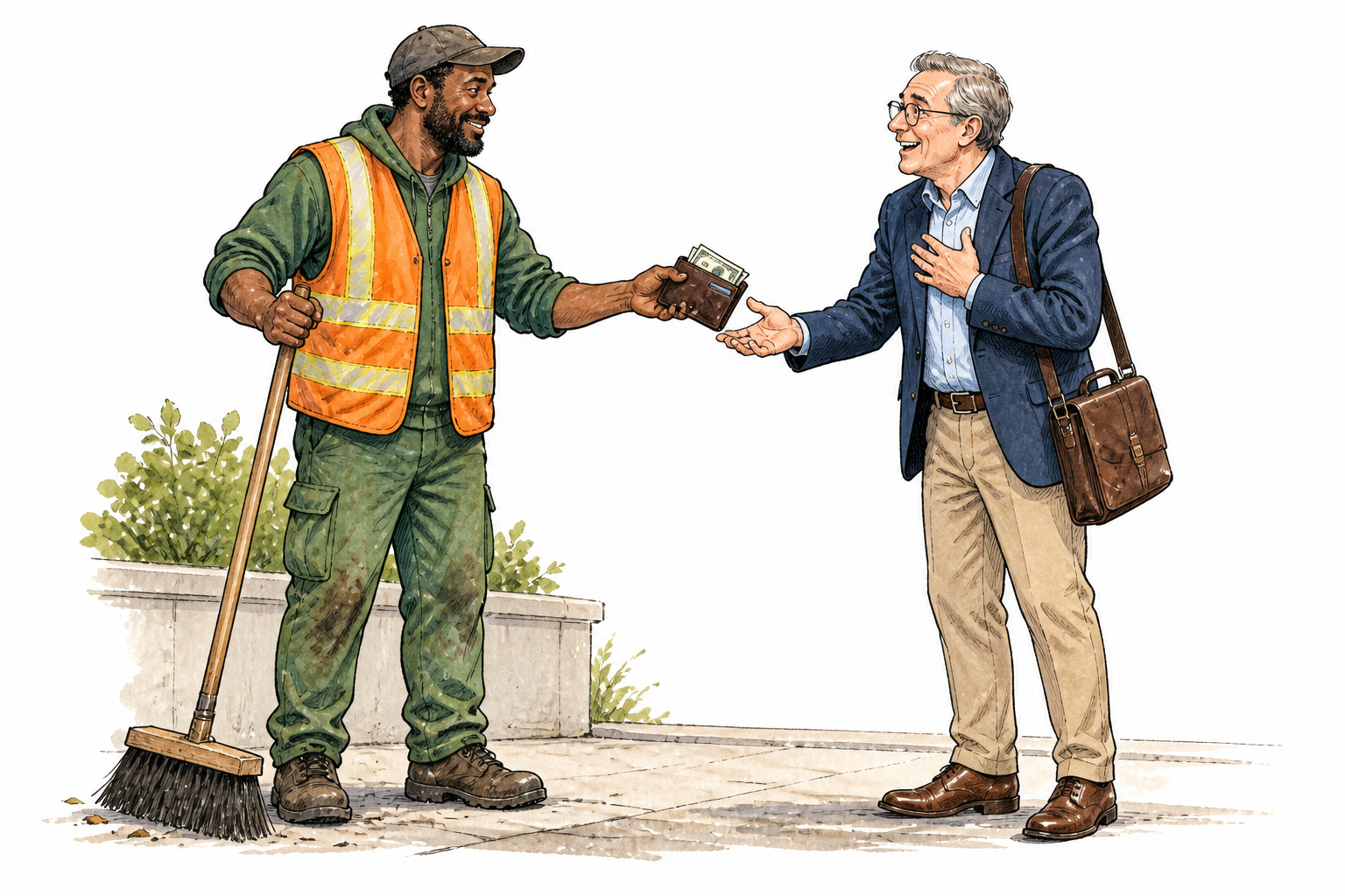 Ordinary worker returns a lost wallet full of money to grateful owner.