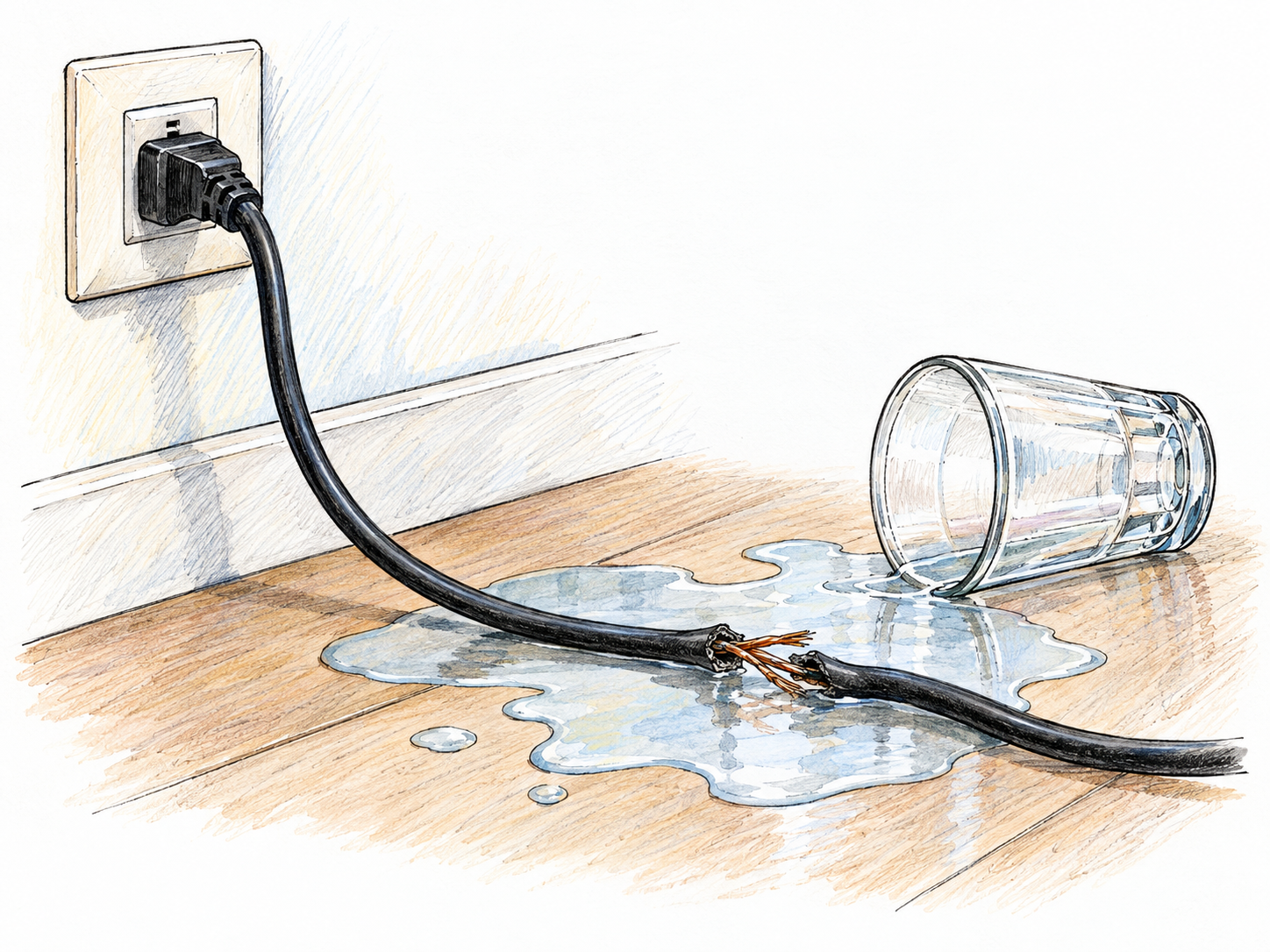 An exposed electrical cord with frayed insulation lies across a small puddle beside a tipped drinking glass.