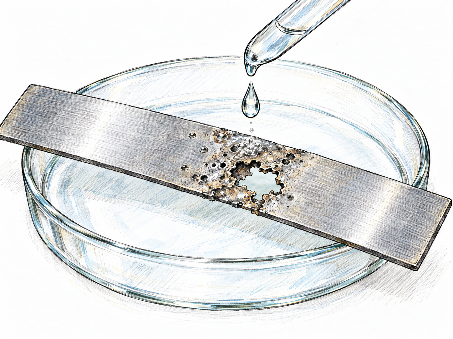 A clear laboratory dropper releases liquid onto a metal strip, where the wet contact area is visibly bubbling and eaten through into ragged pits and a hole; the dry portion remains smooth and intact.