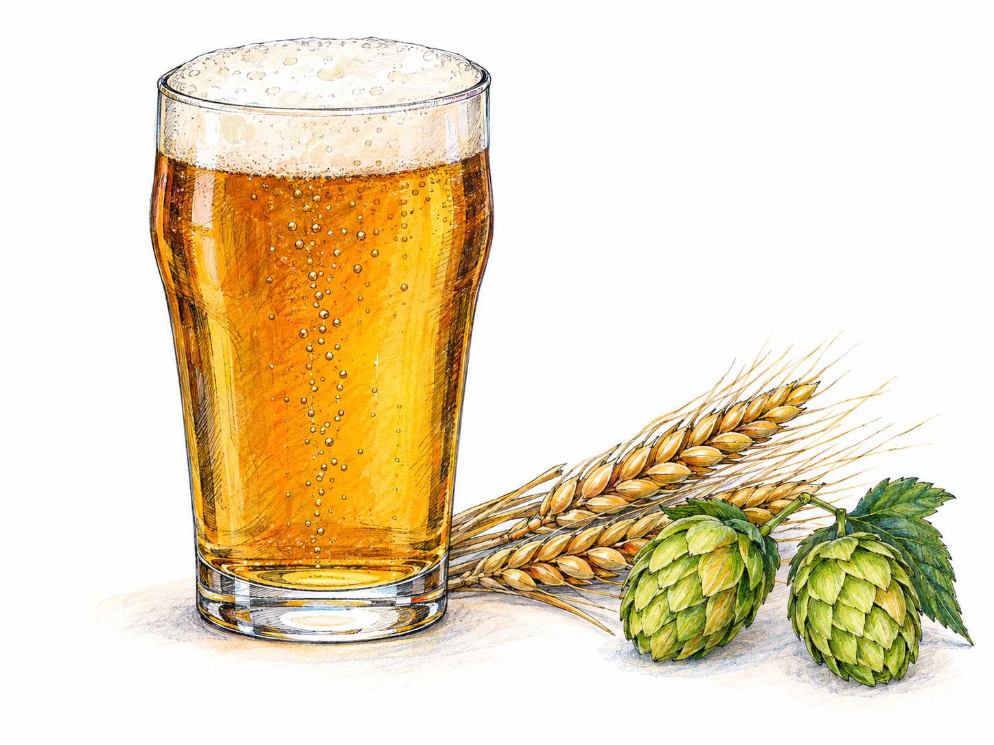 A clear glass of amber beer with a modest foamy head, accompanied by a few barley ears and green hop cones to connect the drink with its brewing ingredients.
