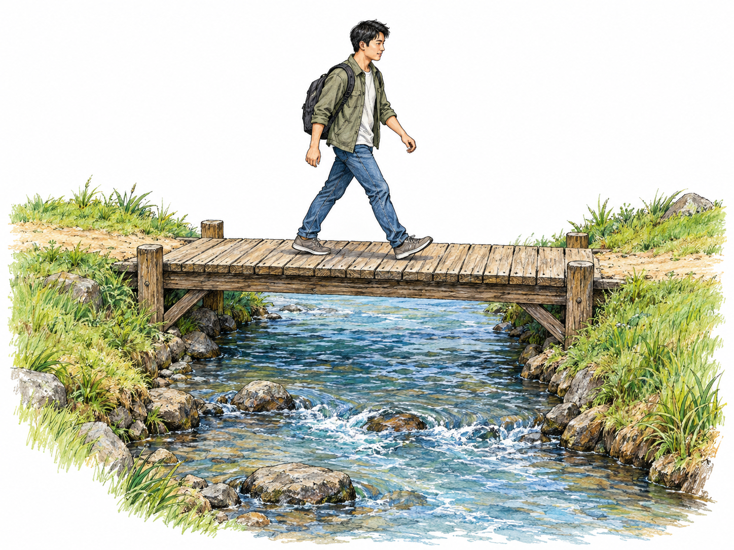 A man midway across a narrow stream on a simple footbridge, visibly walking from one bank toward the other.