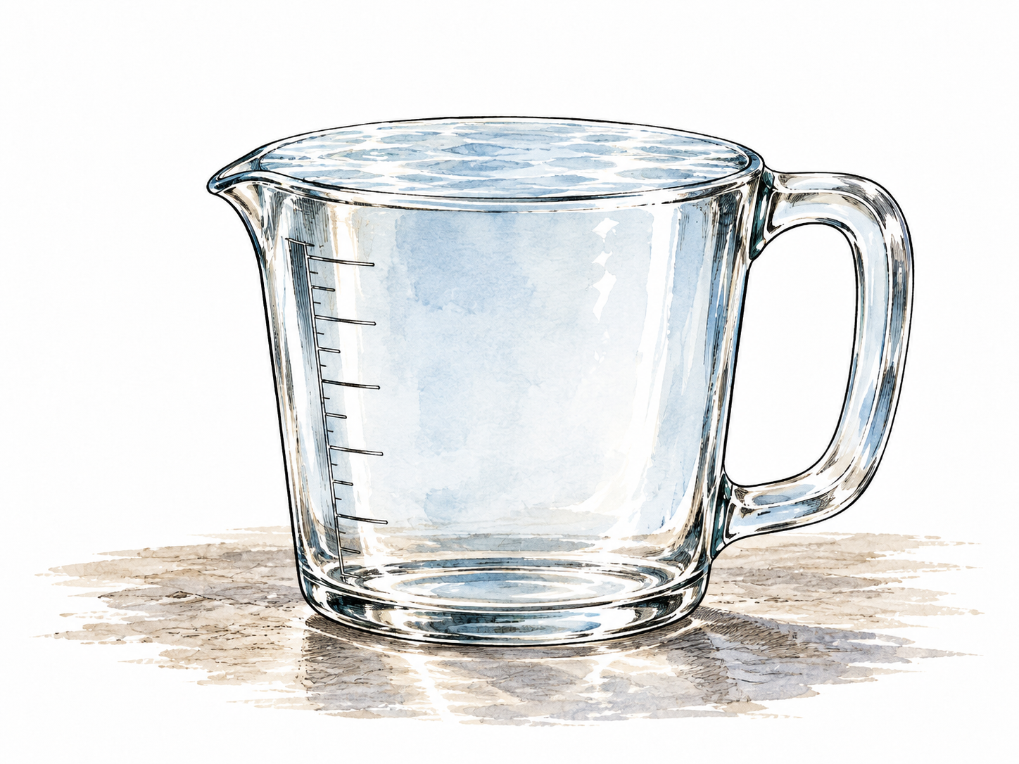 A completely full clear measuring vessel with water exactly at the brim, total completeness.