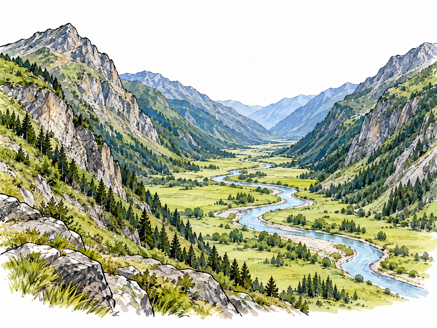 A clear mountain valley seen from above, steep mountain slopes on both sides framing low flat ground and a river.