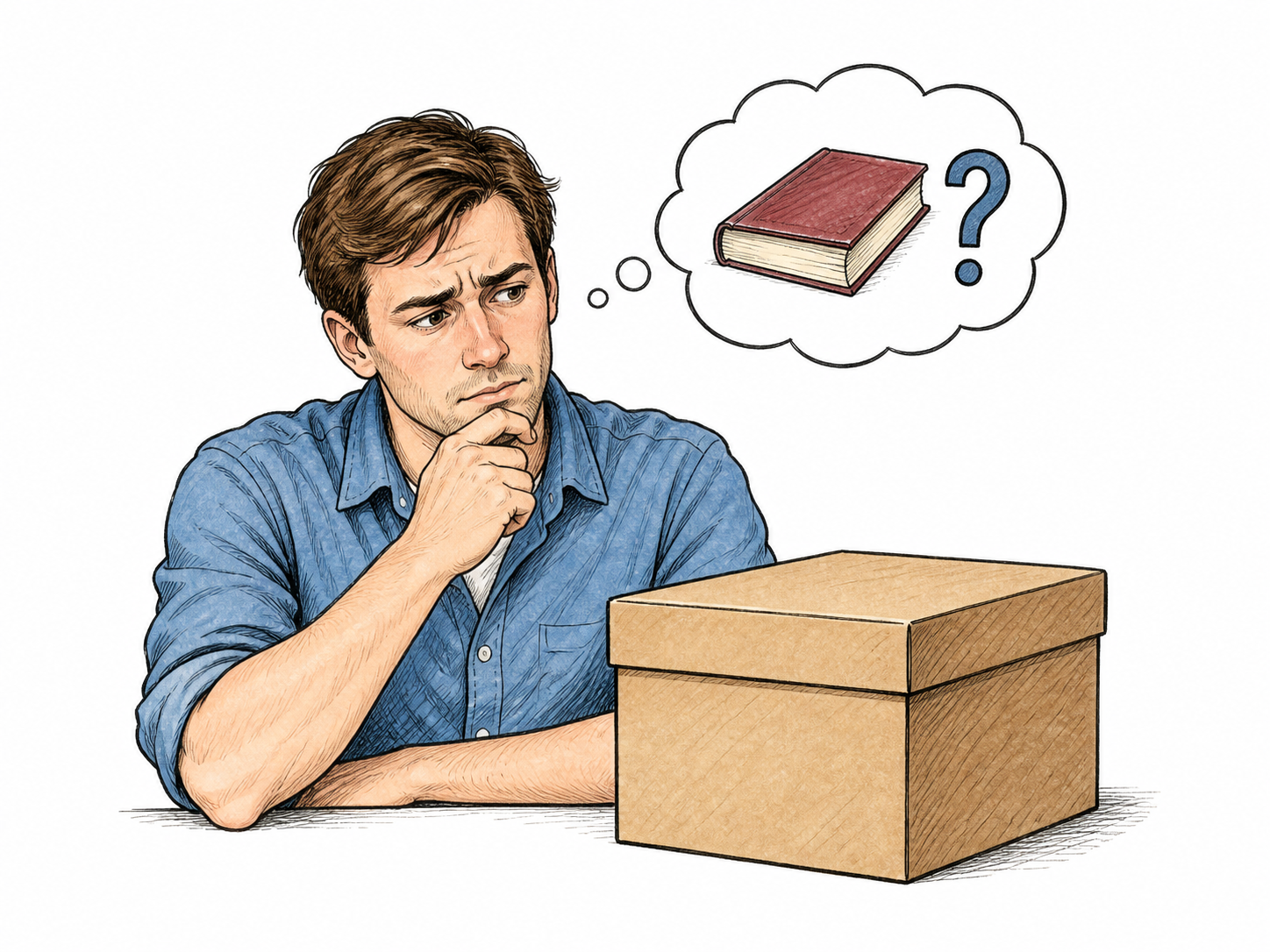 Man looks at closed box with uncertain face, small thought bubble proposes one book inside while question mark indicates uncertainty; box remains closed, no factual reveal or words.