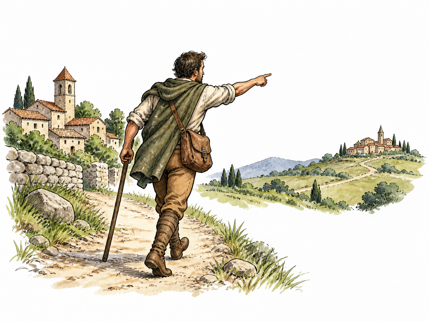 A traveler points toward a different distant village while leaving the current village behind.