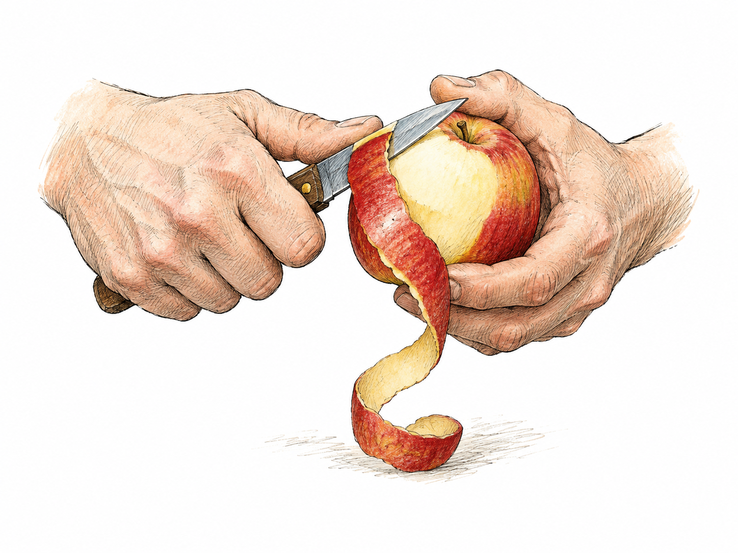 Close-up of two hands paring the thin outer peel from an apple with a small paring knife, one continuous curling peel, intact apple flesh; sensible safe hand and blade orientation.