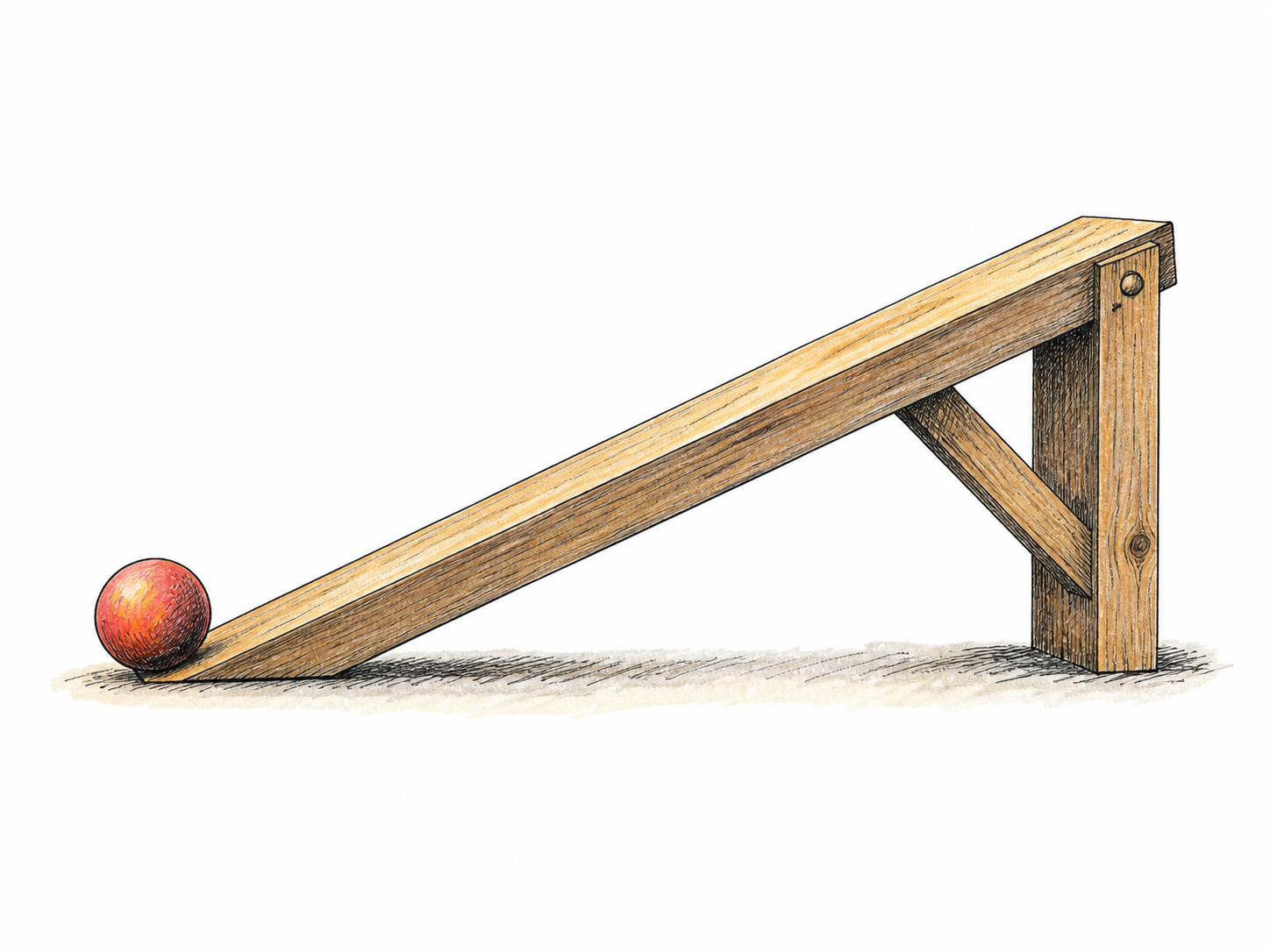 A gently sloped ramp rises smoothly from low left to high right, with a small ball resting at the low end and clear side profile showing continuous change in level, no arrows, labels or stairs.