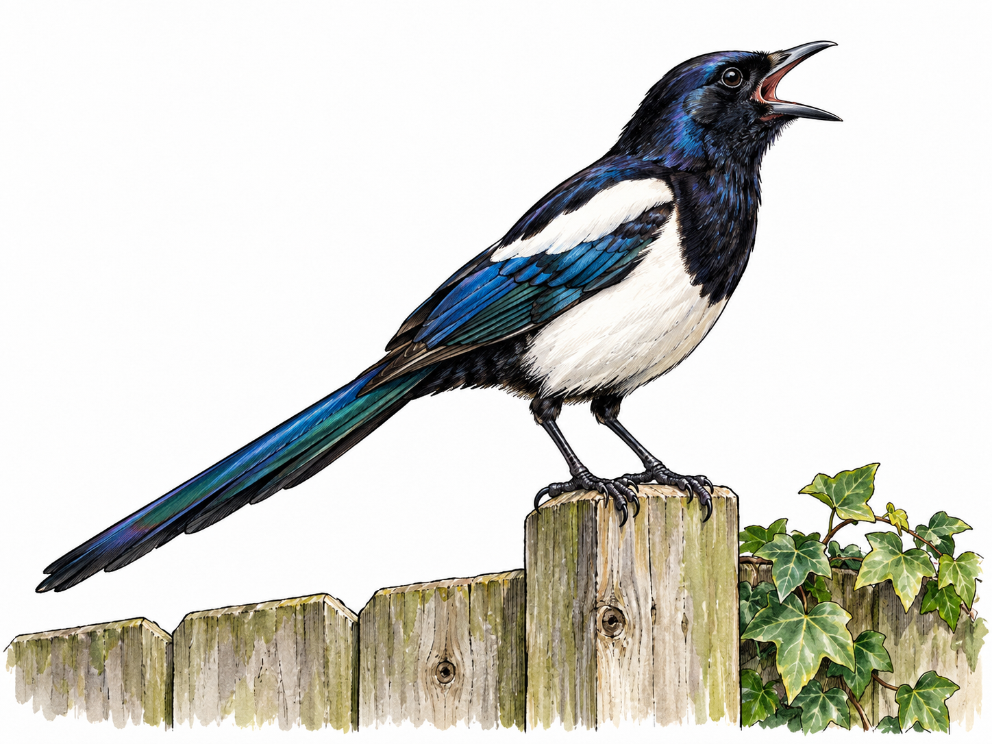 A European magpie with open beak calling loudly on a garden fence, bold upright posture and long tail; its black-white plumage and blue sheen clear.