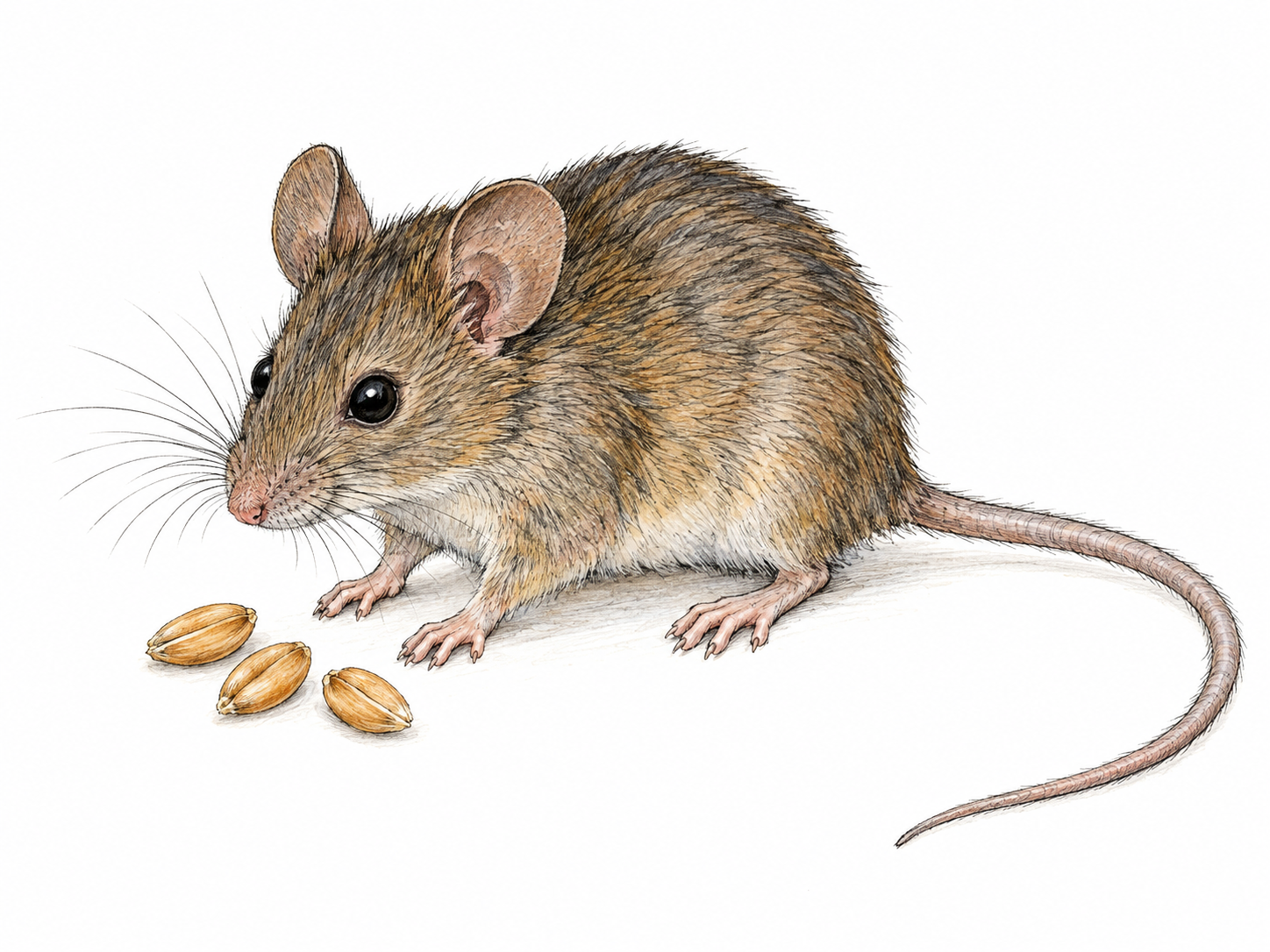A single small house mouse in three-quarter side view, with a pointed snout, rounded ears, delicate paws and a long slender tail, beside a few grains that establish its small size.