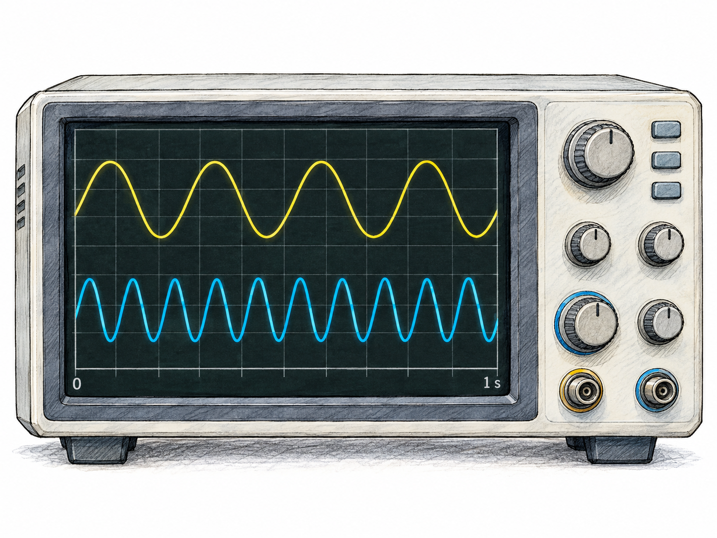 A physical oscilloscope displays two repeating waveforms over the same one-second interval: four cycles above and eight below, making different rates of repetition visible.