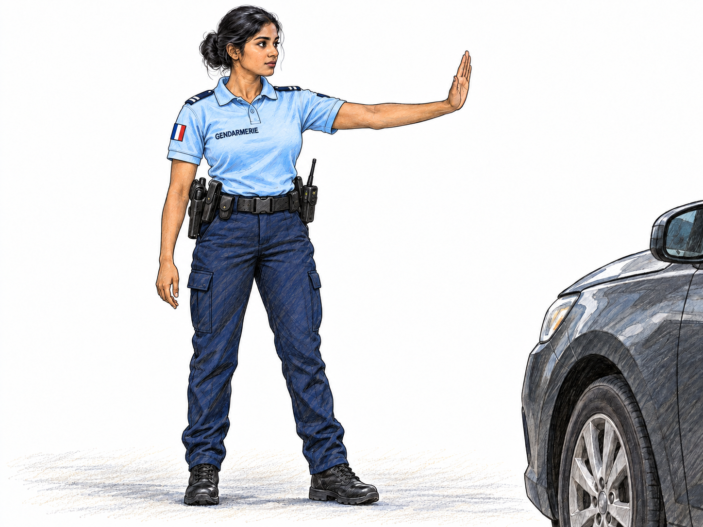 A contemporary French gendarme directing traffic, identifiable by her regulation-style blue uniform, French tricolor shoulder patch, and intrinsic GENDARMERIE chest marking.