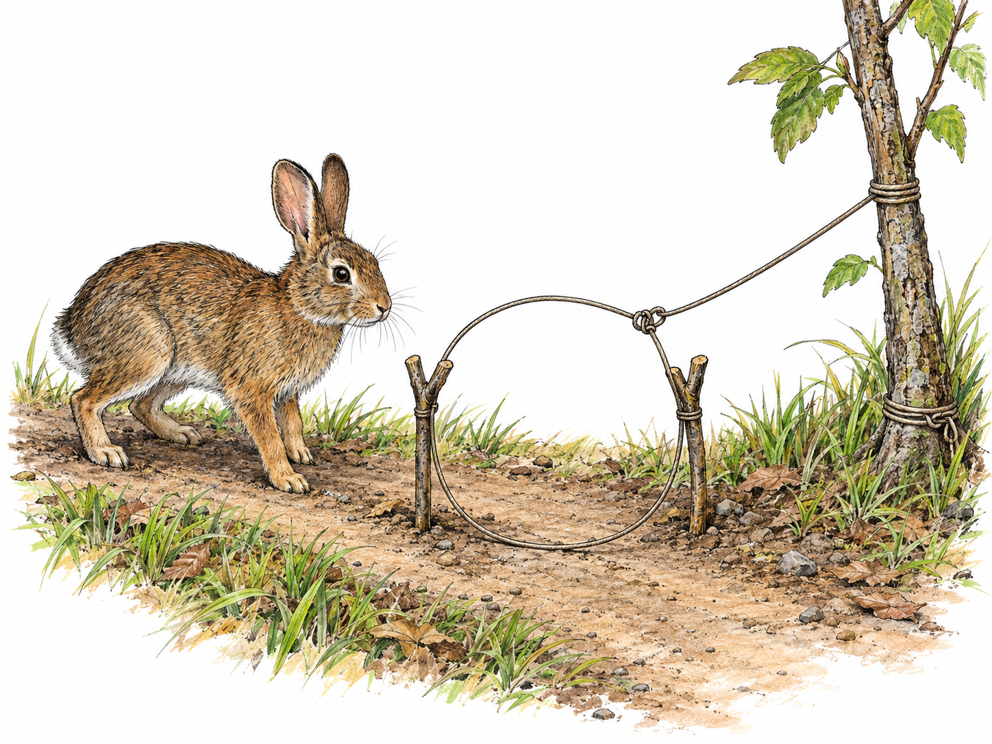 A simple cord snare set across a narrow animal trail, with its open sliding loop held upright at rabbit height and its tether visibly secured to a rooted sapling.