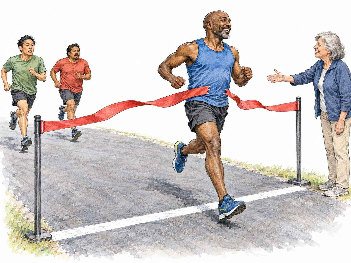 An indubitable race winner: one runner alone breaks the finish tape while every other runner is visibly well behind, and the finish official unmistakably acknowledges that runner.