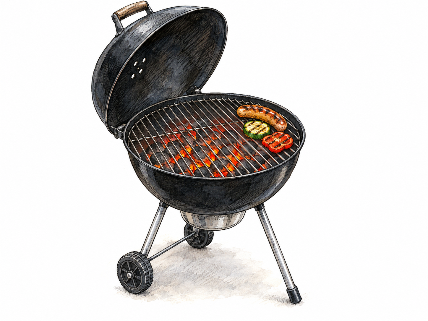 An open charcoal grill with a clearly visible metal cooking grate above glowing coals, with a few pieces of food cooking on one side.