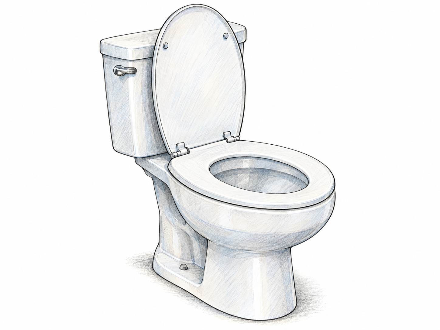 An unmistakable modern porcelain toilet, shown alone in three-quarter view with its lid raised and seat down, exposing the bowl opening.
