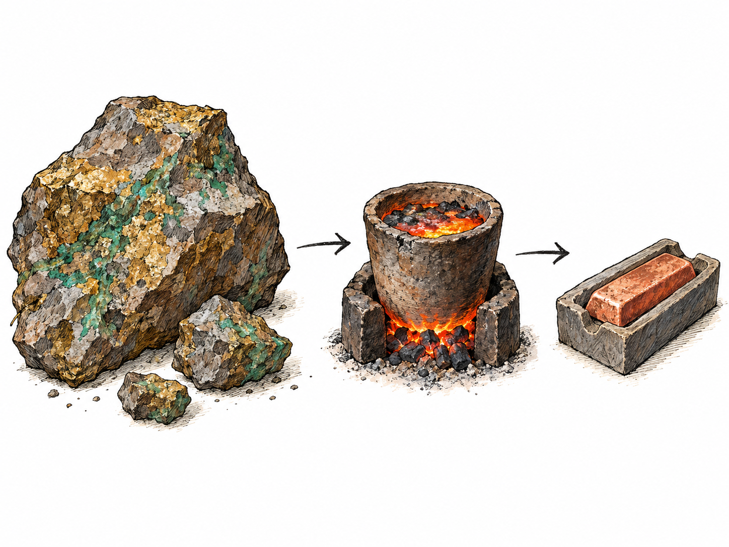 A compact, object-only extraction sequence: copper-bearing rock, a heated crucible containing separated metal and slag, and a small copper ingot.
