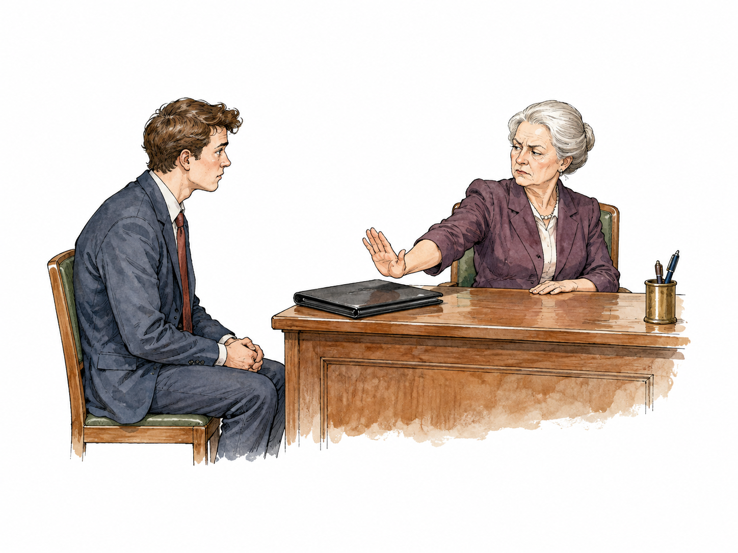 Reviewer rejects a CLOSED plain portfolio with pushing-away gesture without inspecting it, applicant waiting.