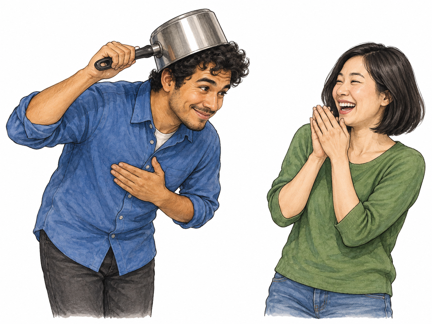 Man makes playful mock bow using upside-down saucepan as a silly hat, friend laughs at lighthearted jest; harmless humorous action, white ground and no words.