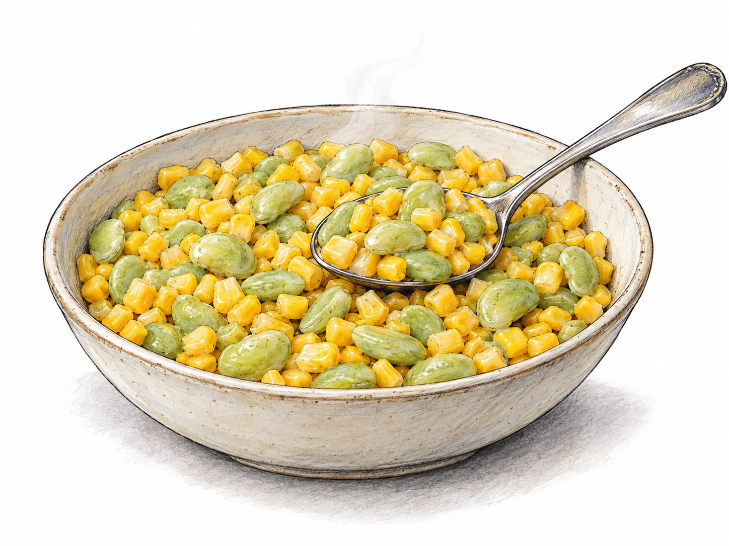 A close three-quarter view of a shallow serving bowl containing cooked yellow corn kernels and pale-green lima beans visibly mixed together, with a spoonful lifted just above the dish.