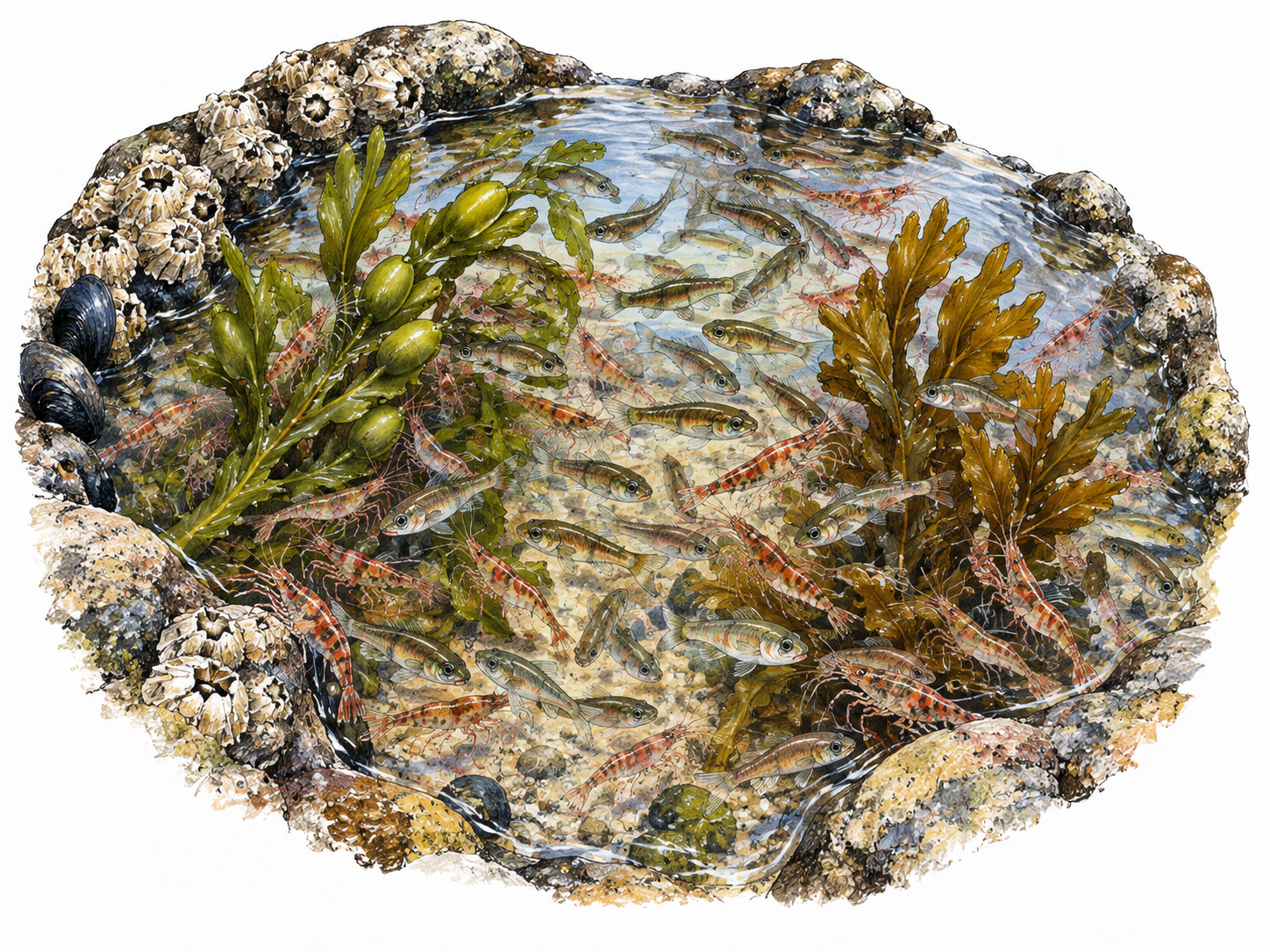 Small clear tidepool densely teems with many tiny moving fish and shrimp around two seaweed fronds, active life fills bounded pool, sparse surrounding white.