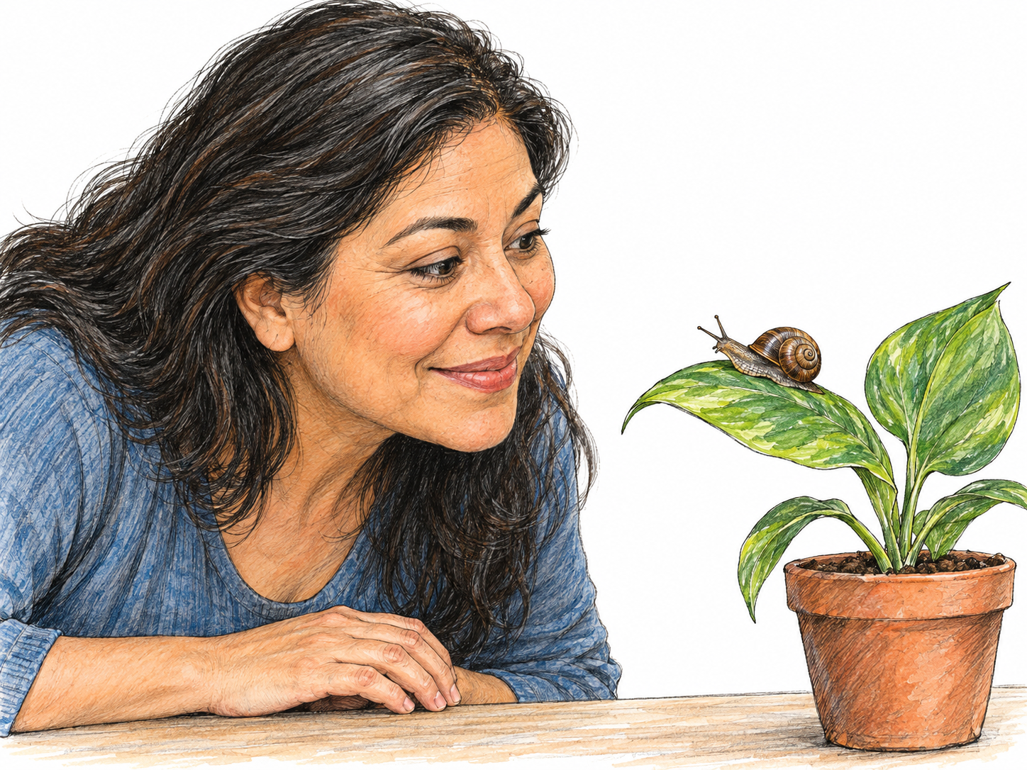 A woman leans close to examine a snail crawling on a leaf, her attentive gaze, raised eyebrows and small delighted smile making curiosity visibly central.