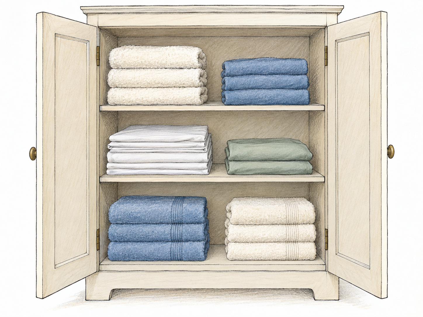 A clean, orderly open linen cupboard with evenly folded towels in aligned stacks, paired pillowcases, and neatly folded sheets, all separated by clear empty space.