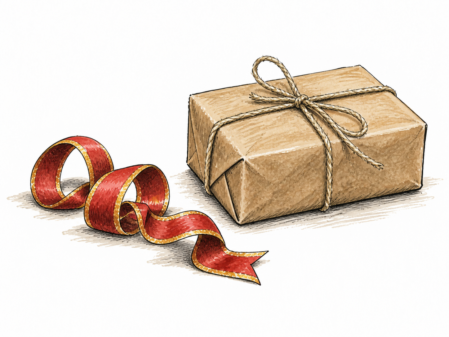 An unused decorative ribbon lies aside while a complete useful parcel is securely tied with plain string.