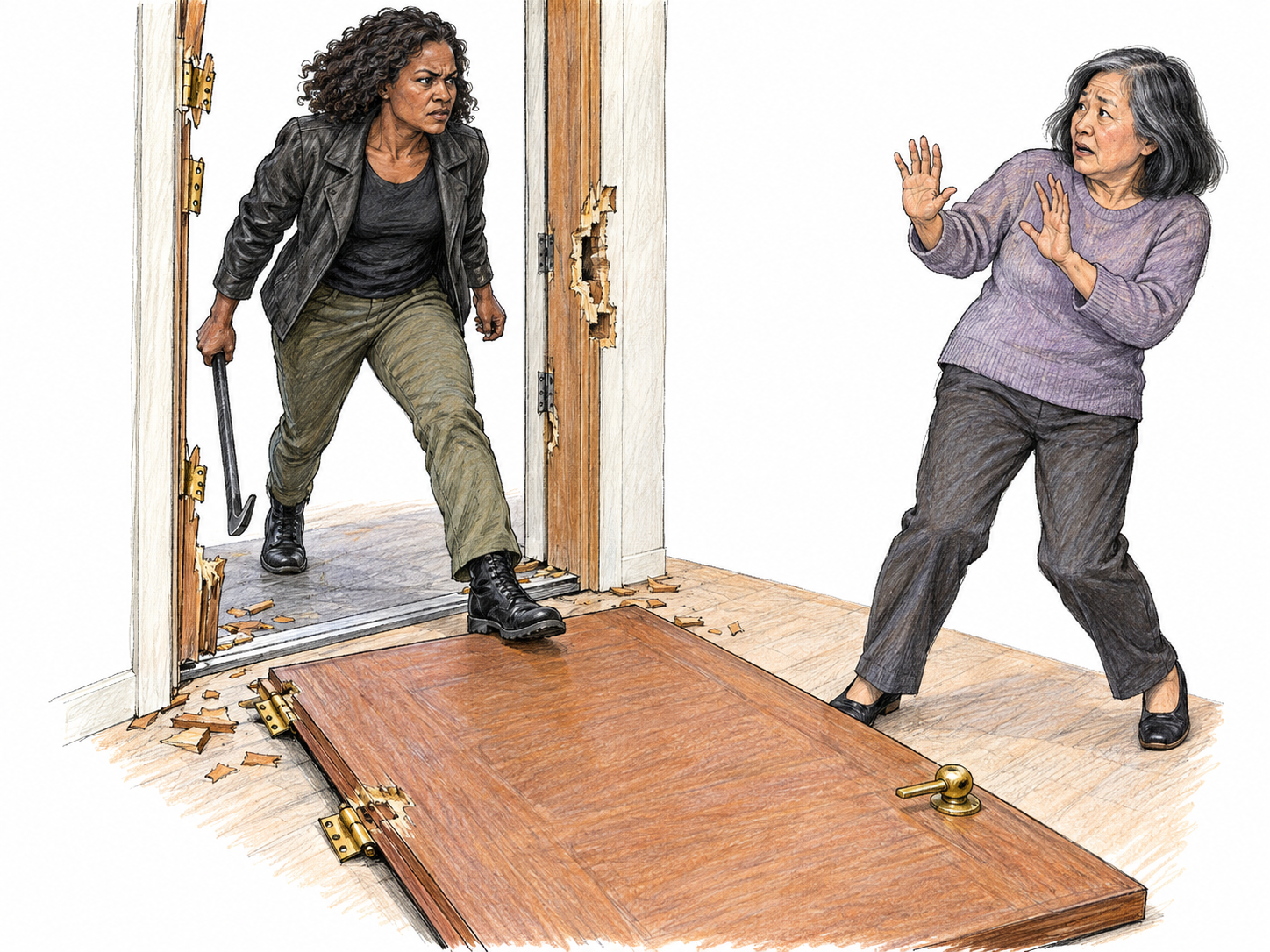 An aggressive intruder strides over a freshly broken, fallen apartment door into an occupied home while the resident retreats with hands raised defensively.