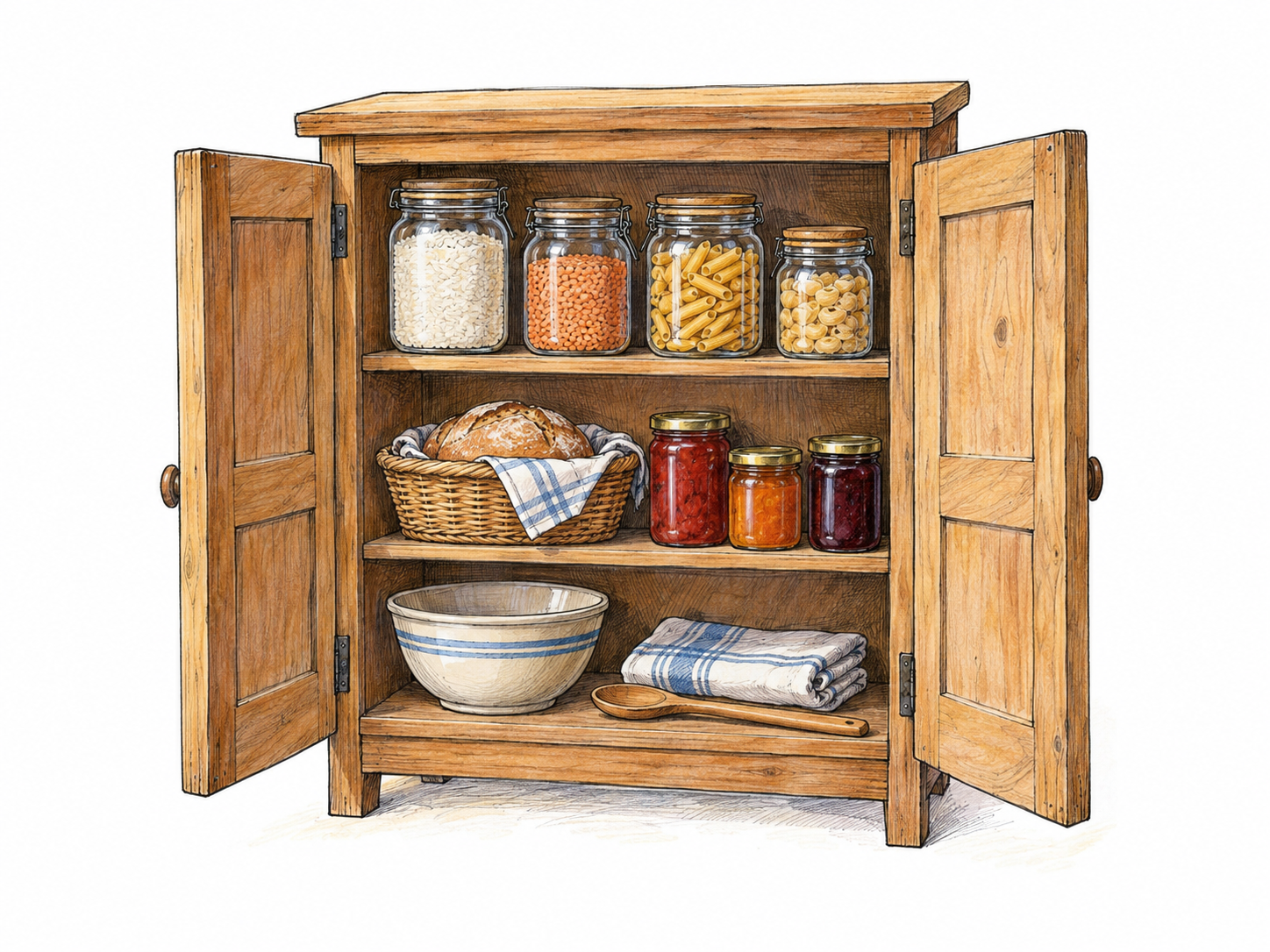 An open, shallow pantry cupboard with shelves of stored dry foods and kitchen supplies, clearly distinct from a refrigerator or ordinary dish cabinet.