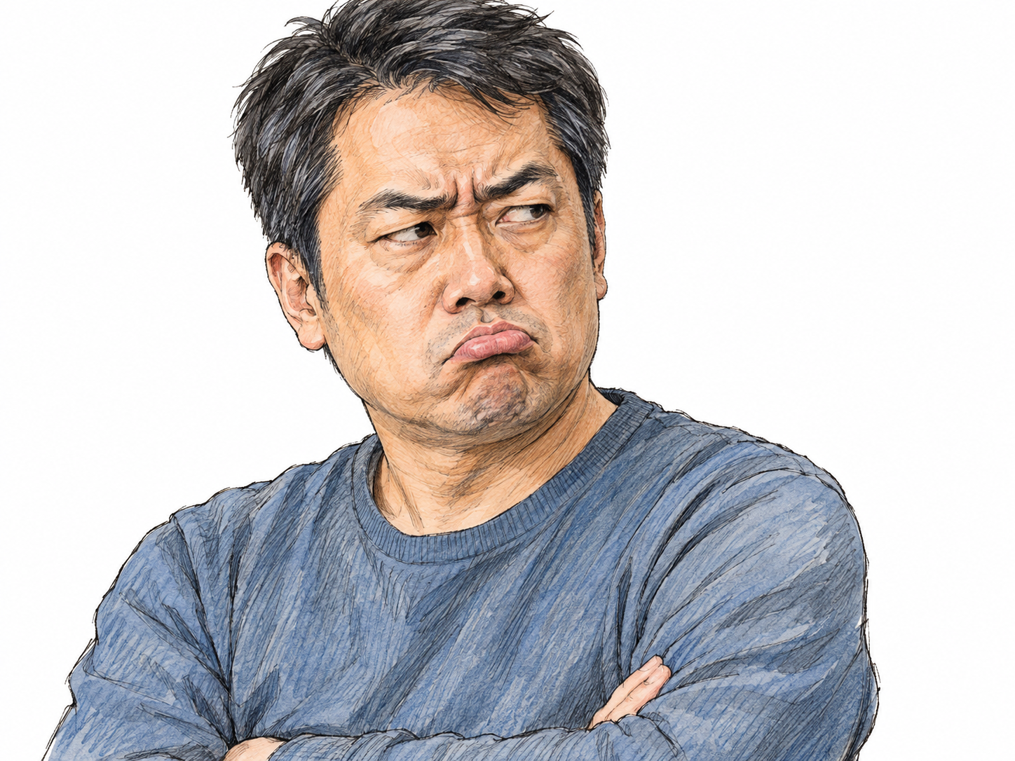 A close three-quarter portrait of a visibly displeased man pushing his lips outward, especially his lower lip, with knitted brows and folded arms.