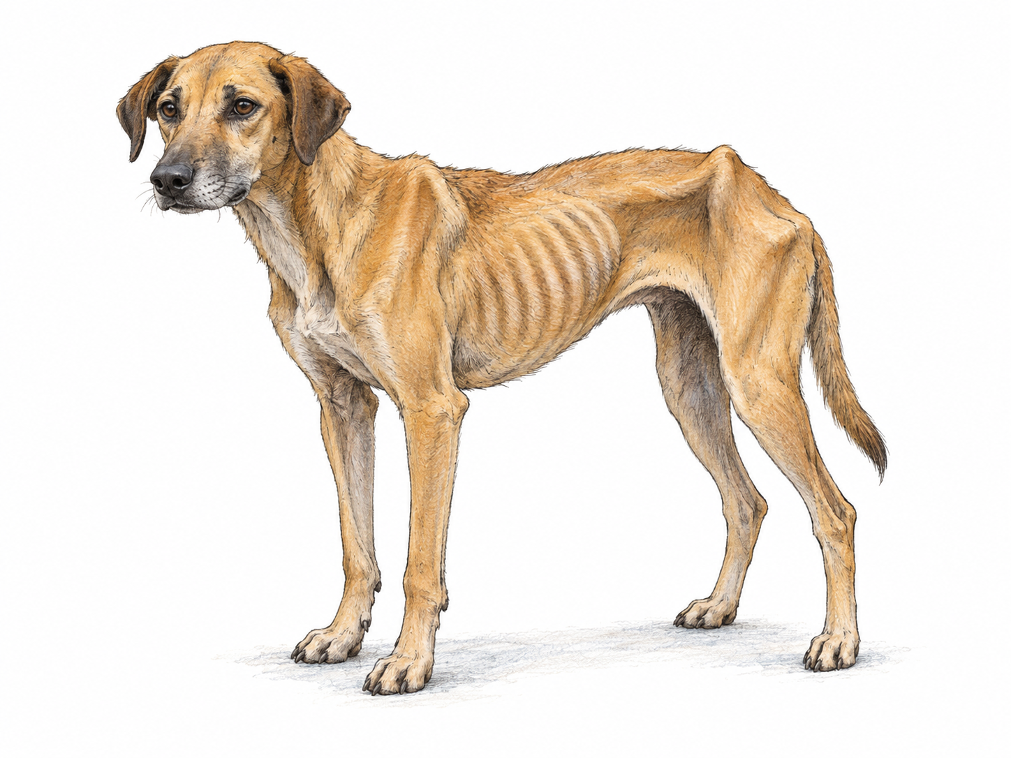 A single scrawny short-haired dog standing in side view, with conspicuous ribs, jutting hip bones, a narrow chest, and thin legs.