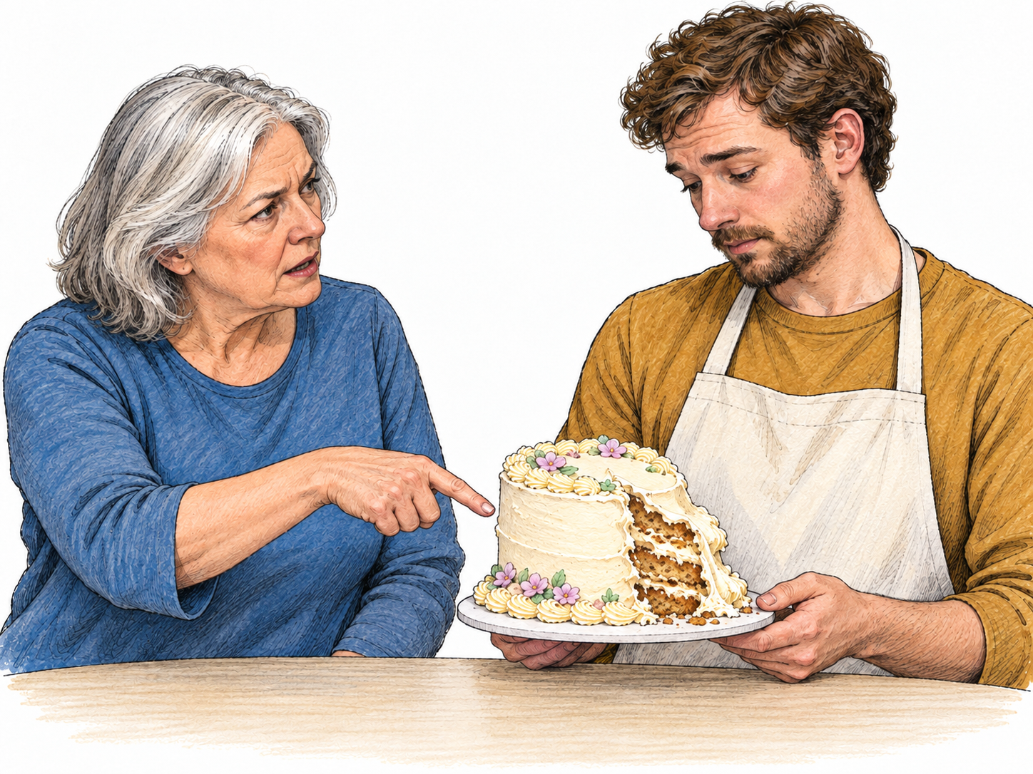Candid feedback: a woman gives a young baker an undisguised, direct assessment of his visibly failed cake, pointing out its collapsed side rather than offering a reassuring smile.