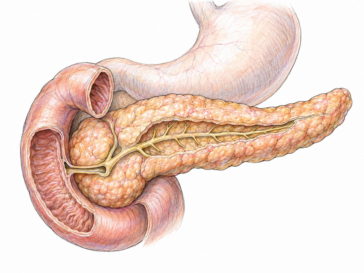 An isolated anatomical view of the pancreas, with its lobulated body and branching duct clearly visible beside the C-shaped duodenum.