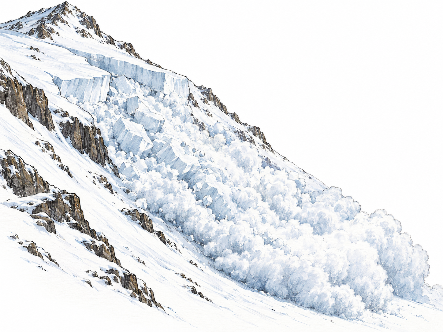 A massive avalanche pours down a steep mountain slope, with a clearly fractured snow slab above and tumbling snow blocks merging into a broad powder cloud below.