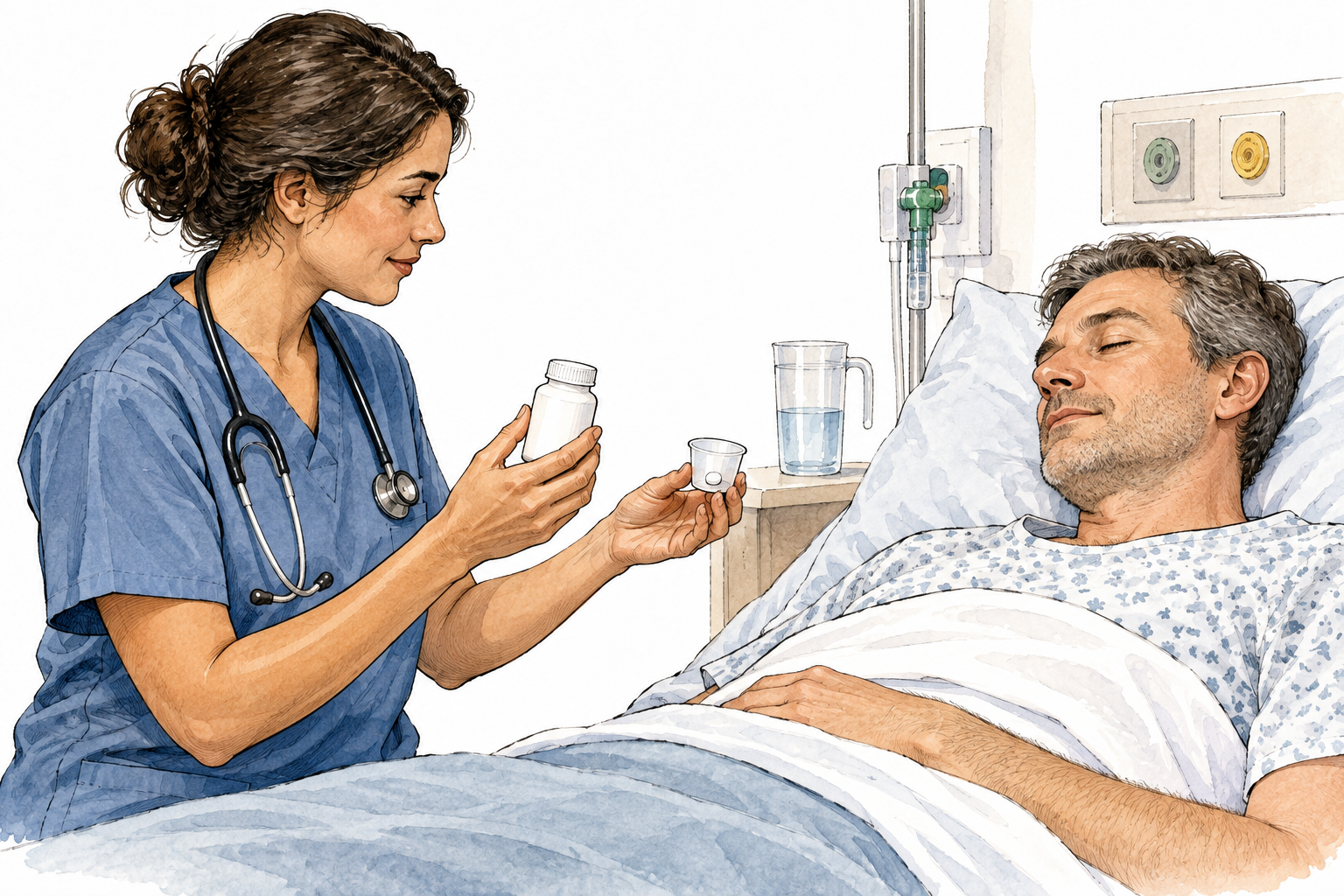 A clinician holds an unmarked medicine bottle and a small tablet in a medicine cup beside a peacefully drowsy adult patient, controlled medical calming drug, no writing.