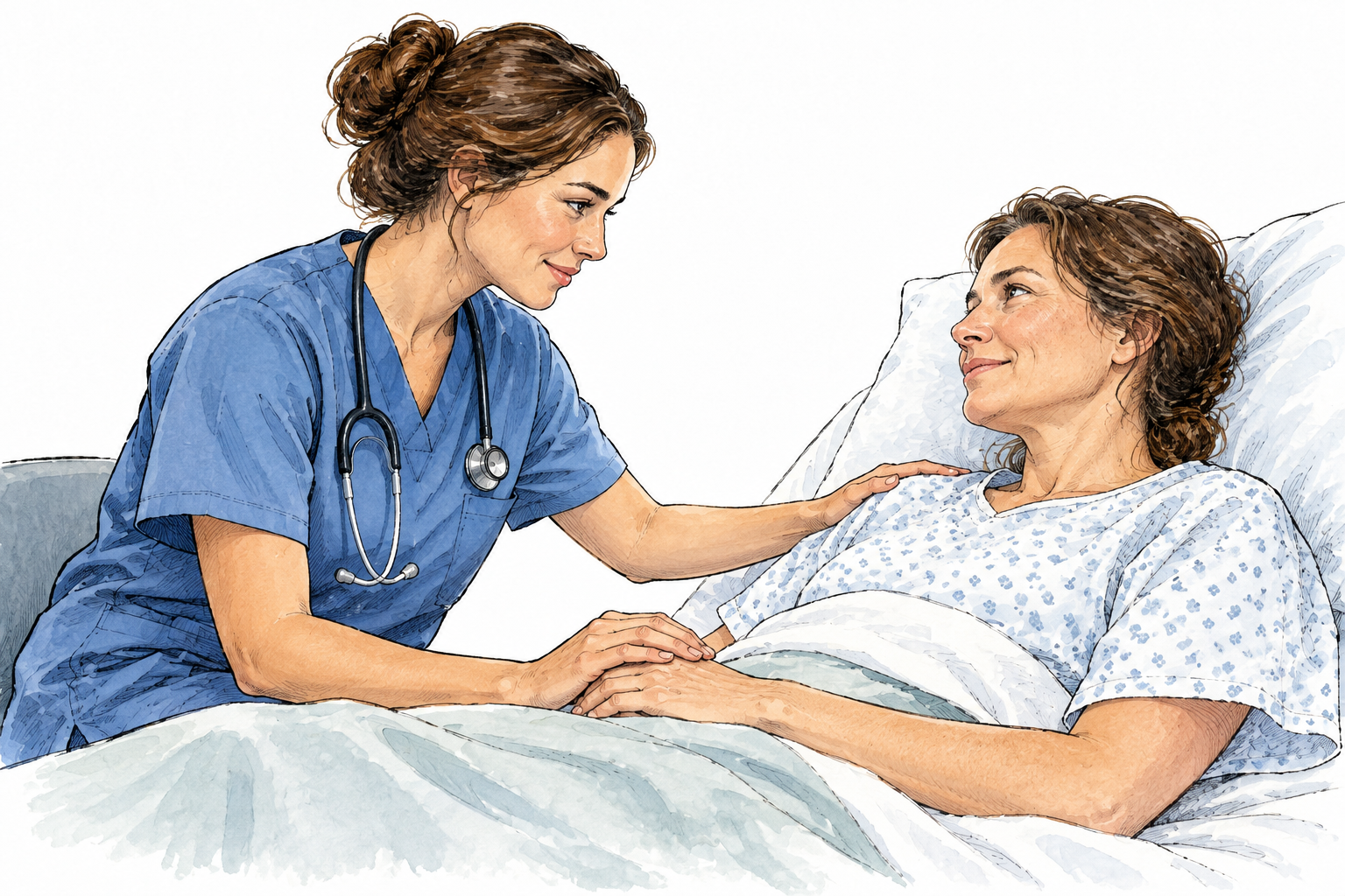A nurse calmly reassures an anxious patient with a confident steady gaze and comforting hand gesture, doubt easing, no speech text.