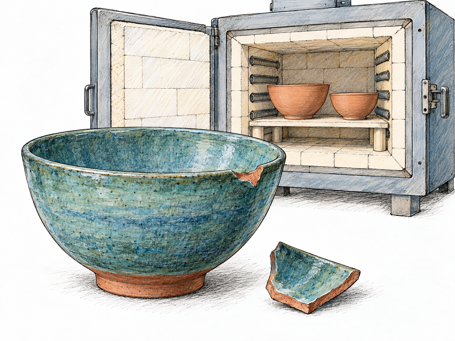 A fired clay bowl beside an open pottery kiln, with a broken matching ceramic fragment exposing its terracotta body beneath the glaze.